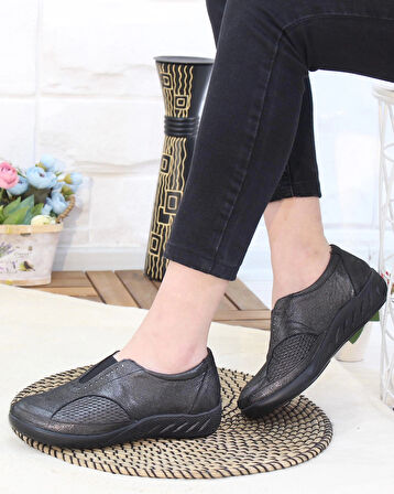 Capella 304 Çelik Siyah Hakiki Deri Günlük Kadın Yürüyüş Ayakkabı