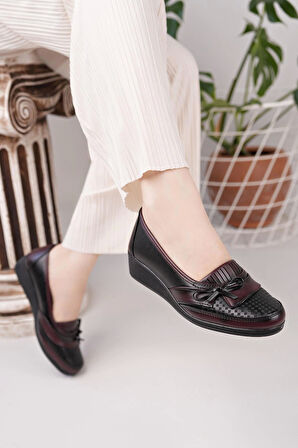 Nesil Shoes Ayzen 006 Siyah Bordo Dolgu Topuk Kadın Ayakkabı