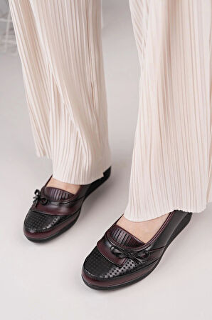 Nesil Shoes Ayzen 006 Siyah Bordo Dolgu Topuk Kadın Ayakkabı