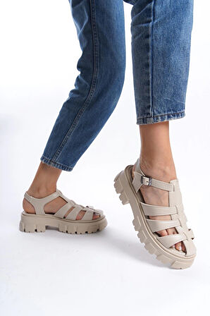 Kadın Petra Krem Deri Yüksek Taban Kafes Model Sandalet 950