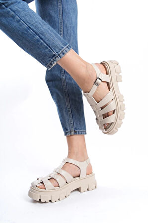 Kadın Petra Krem Deri Yüksek Taban Kafes Model Sandalet 950