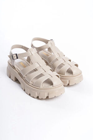 Kadın Petra Krem Deri Yüksek Taban Kafes Model Sandalet 950