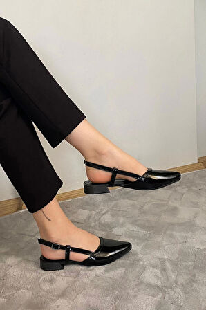 Kadın Tena Siyah Rugan Arkası Acık Sivri Burun Günlük Babet