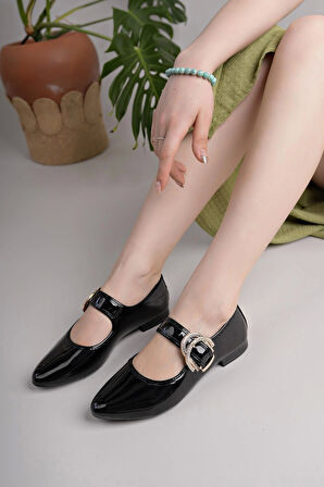 Nesil Shoes Swell 01453 Siyah Rugan Tokası Taşlı Kadın Babet