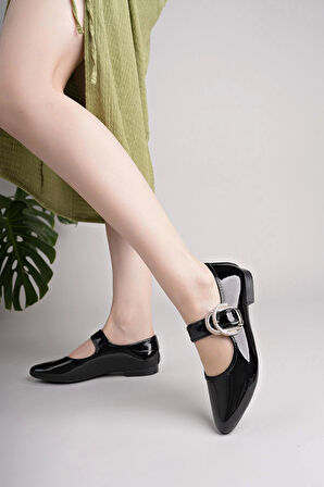 Nesil Shoes Swell 01453 Siyah Rugan Tokası Taşlı Kadın Babet