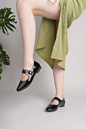 Nesil Shoes Swell 01453 Siyah Rugan Tokası Taşlı Kadın Babet