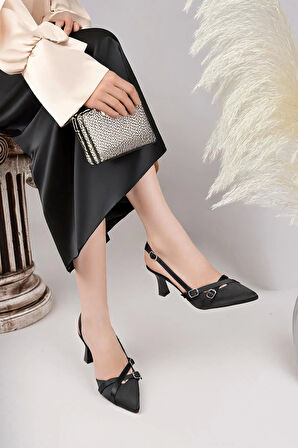 Nesil Shoes Uraz 500 Siyah Saten Çift Toka Kadın Sandalet