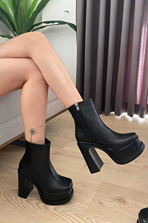 Kadın Sidney Siyah Cilt 12 cm Platform Topuklu Fermuarlı Bot