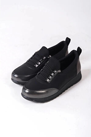 Kadın Galina Siyah Platın Bağcıklı Lastikli Ortopedik Rahat Taban Taş Detaylı Günlük Babet Anne Ayakkabısı