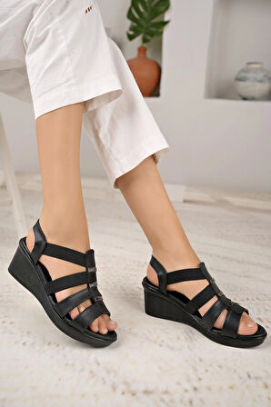Nesil Shoes Mv 604 Siyah Anatomik Lastikli Dolgu Kadın Sandalet