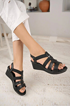 Nesil Shoes Mv 604 Siyah Anatomik Lastikli Dolgu Kadın Sandalet