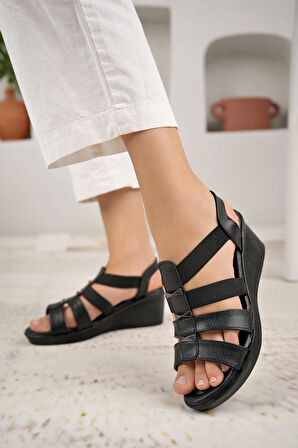 Nesil Shoes Mv 604 Siyah Anatomik Lastikli Dolgu Kadın Sandalet