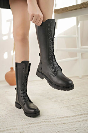 Castle Black 52680-1 Siyah Hakiki Deri Kışlık Uzun Postal Bot