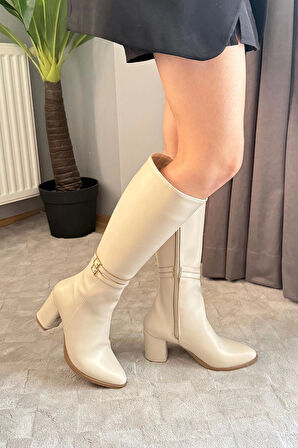 Kadın Davina Krem Tokalı Yandan Fermuarlı Diz Altı Cizme