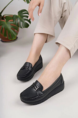 Nesil Shoes Neyna 029 Siyah Dolgu Topuk Kadın Ayakkabı