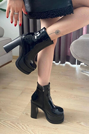 Kadın Sidney Siyah Rugan 12 cm Platform Topuklu Fermuarlı Bot