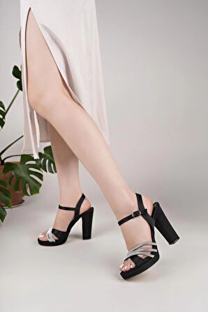 Nesil Shoes Uraz 770 Siyah Saten Topuklu Kadın Sandalet