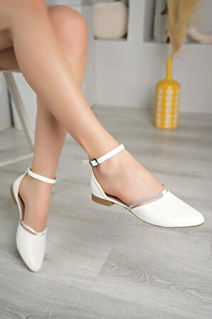 Nesil Shoes Ceylan 204 Beyaz Taşlı Kadın Karnıyarık Babet