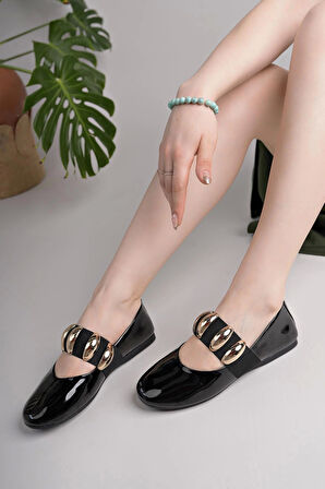 Nesil Shoes Dvm 021 Siyah Rugan Lastik Bantlı Kadın Babet