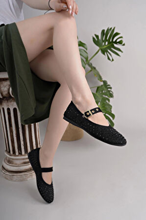 Nesil Shoes Dvm 020 Siyah Süet Tokası Cırtlı Kadın Babet