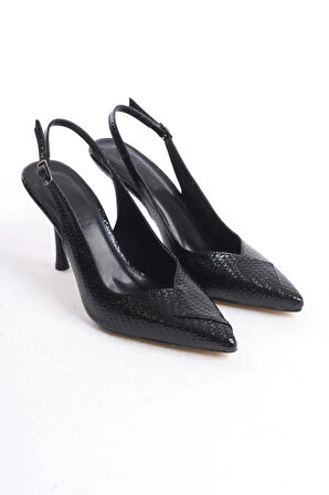 Kadın Soci Siyah Rugan 9 Cm İnce Topuklu Sivri Burunlu Arkası Acık Tasarım Stiletto