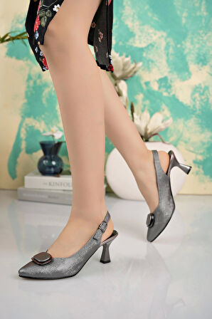 Nesil Shoes Style 5481 Platin Arkası Açık Tokalı Kadın Stiletto