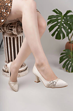 Nesil Shoes Bln 830 Altın Kumaş Topuklu Kadın Ayakkabı
