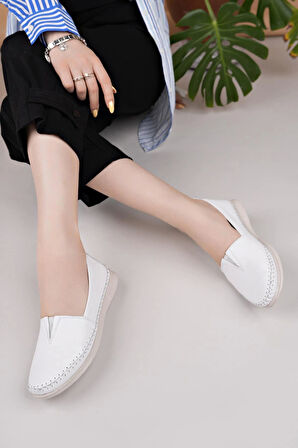 Nesil Shoes Knc 033 Beyaz Hakiki Soft Deri Kadın Ayakkabı