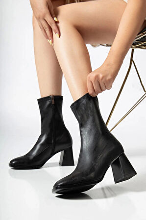 Kadın Marina Siyah Bot 7 cm Kalın Topuklu Streç Boots