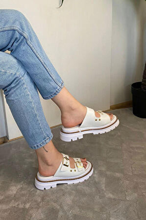 Kadın Firida Çift Bantlı Kapsül Detaylı  Kalın Taban Ortopedik  Sandalet Terlik K-100