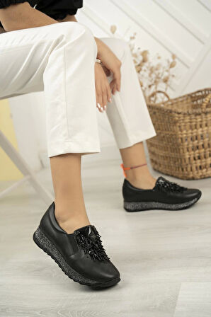 Nesil Shoes Sdf 332 Siyah Cilt Taşlı Kadın Ayakkabı