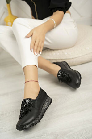 Nesil Shoes Sdf 332 Siyah Cilt Taşlı Kadın Ayakkabı