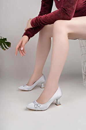 Nesil Shoes Bln 830 Gümüş Kumaş Topuklu Kadın Ayakkabı