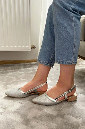 Kadın Tena Gümüş Simli Arkası Acık Sivri Burun Günlük Babet