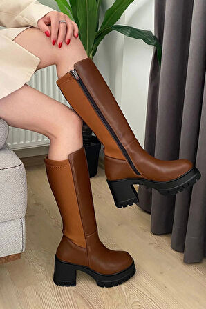 Kadın Enpar Taba  Arka Kısıım Dalgıç Kumaş 8 cm Platfom Topuklu Çizme