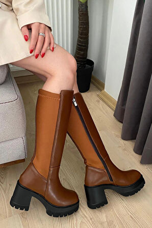 Kadın Enpar Taba  Arka Kısıım Dalgıç Kumaş 8 cm Platfom Topuklu Çizme