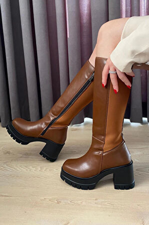 Kadın Enpar Taba  Arka Kısıım Dalgıç Kumaş 8 cm Platfom Topuklu Çizme