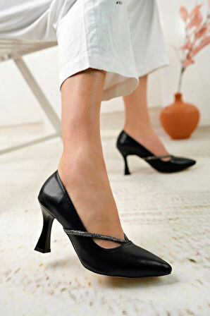 Nesil Shoes Tam 501 Siyah Taşlı Topuklu Kadın Stiletto