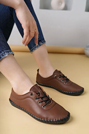 Maria 300 Taba Hakiki Soft Deri Günlük Kadın Ayakkabı