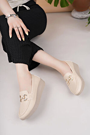 Nesil Shoes Neyna 1047 Bej Dolgu Topuk Kadın Ayakkabı