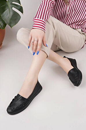 Nesil Shoes Knc 022 Siyah Hakiki Soft Deri Kadın Ayakkabı