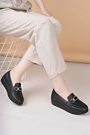 Nesil Shoes Neyna 1042 Siyah Dolgu Topuk Kadın Ayakkabı