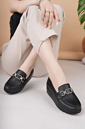 Nesil Shoes Neyna 1042 Siyah Dolgu Topuk Kadın Ayakkabı