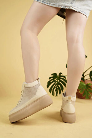 Nesil Shoes Minal 96182 Bej Bağcıklı Kadın Spor Bot