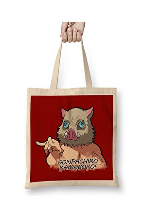 Gonpachiro Kamaboko Inosuke İblis Keser Bez Çanta Uzun Saplı Alışveriş Çantası Plaj Çantası
