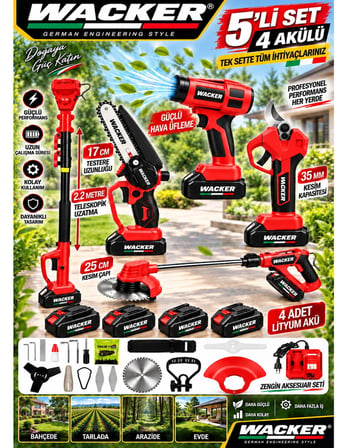 PROWACKERS Pro Red W-770 5 Li Bahçe Seti Teleskop+Makas 17 Cm Testere Hava Üfleme Çim Biçme +4 Akülü