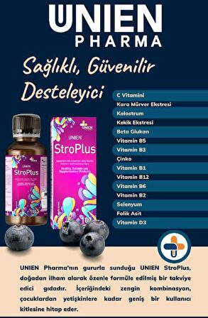 UNIEN Pharma Stroplus 100 ml / Kolostrum, Beta Glukan, Kara Mürver Ekstresi, Kekik Ekstresi, Multi Vitamin ve Mineral İçeren Takviye Edici Gıda