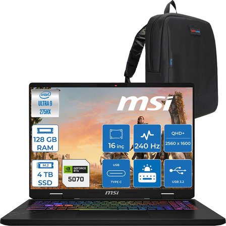 Msı Crosshaır 17 Hx Aı D2XWGKG-017TR Intel Core Ultra 9-275HX Aı 128GB 2tb Ssd+2tb 8GB/RTX5070 Gddr7 115W 18"2.5k (2560 x 1600, Wqxga) 240Hz  Freedos Taşınabilir Bilgisayar W017TRF46128G + Zettaçanta