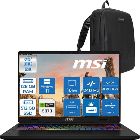 MSI Msı Crosshaır 17 Hx Aı D2XWGKG-017TR Intel Core Ultra 9-275HX Aı 128GB 512GB SSD 8GB/RTX5070  18"2.5k (2560 x 1600, Wqxga) 240Hz  Windows 11 Home Taşınabilir Bilgisayar W017TRH41128G + Zettaçanta
