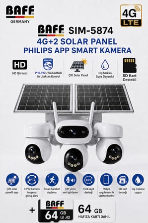 SIM-5874 Çift Solar Panelli 4G SIM Kartlı 3 Lensli PTZ Akıllı Dış Mekan Güvenlik Kamerası HD Suya Dayanıklı IP Kamera + 64 GB Hafıza Kartı Dahil